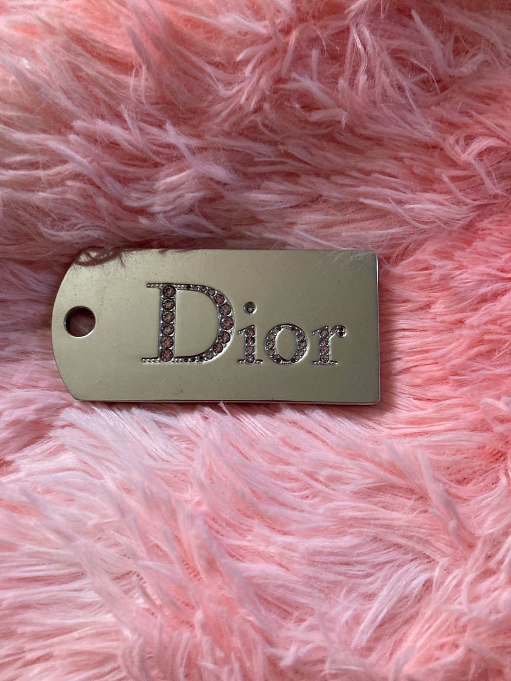 Rare Dior Silver Crystal-Embellished Logo Dog Tag Blush Lip Gloss Compact